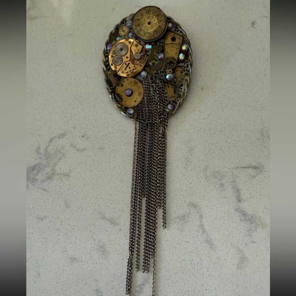 Signed Leah Manis Vintage Watch Parts Statement Brooch Pin | 7" w/ Fringe